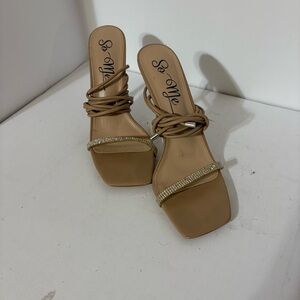 So Me Beige Strappy Heels with Rhinestones